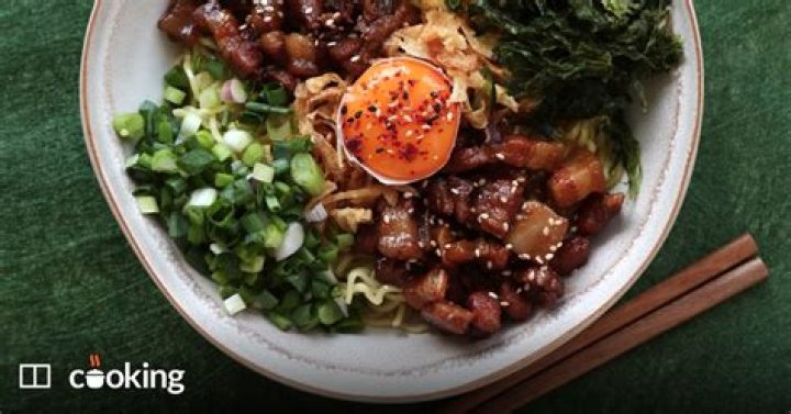 Asian carbonara with braised pork belly and raw egg on egg noodles - recipe