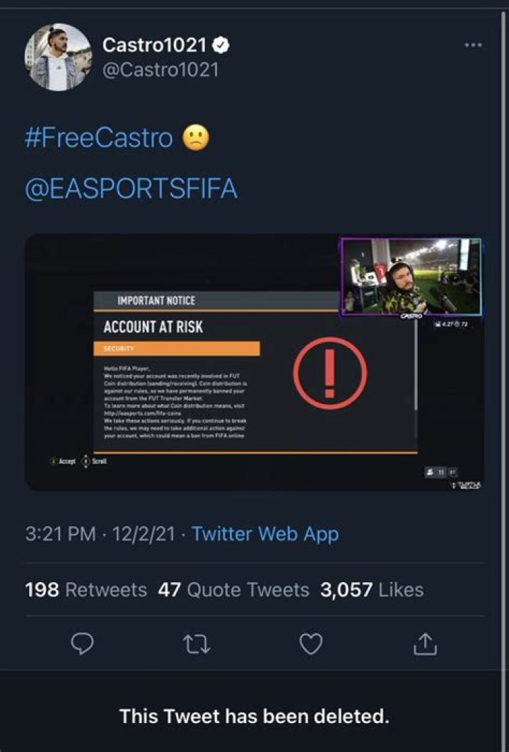 Castro_1021 just got FIFA 22 perma banned live on Twitch